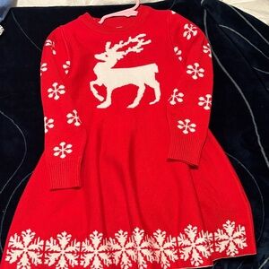 Festive Red Knit Dress with Reindeer Design